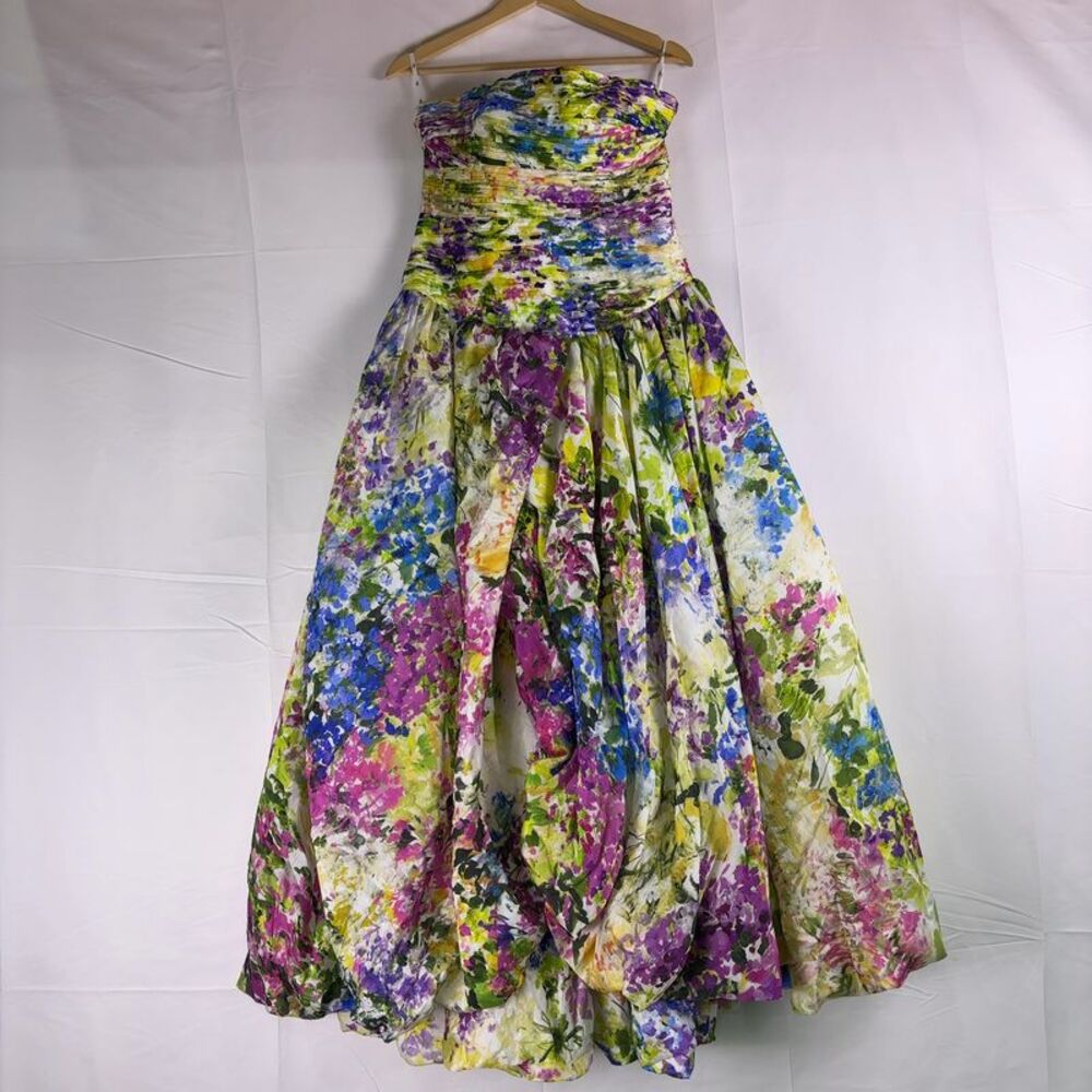 Aje Strapless High-Low Floral Skirt in Purple, Green, Blue, Yellow